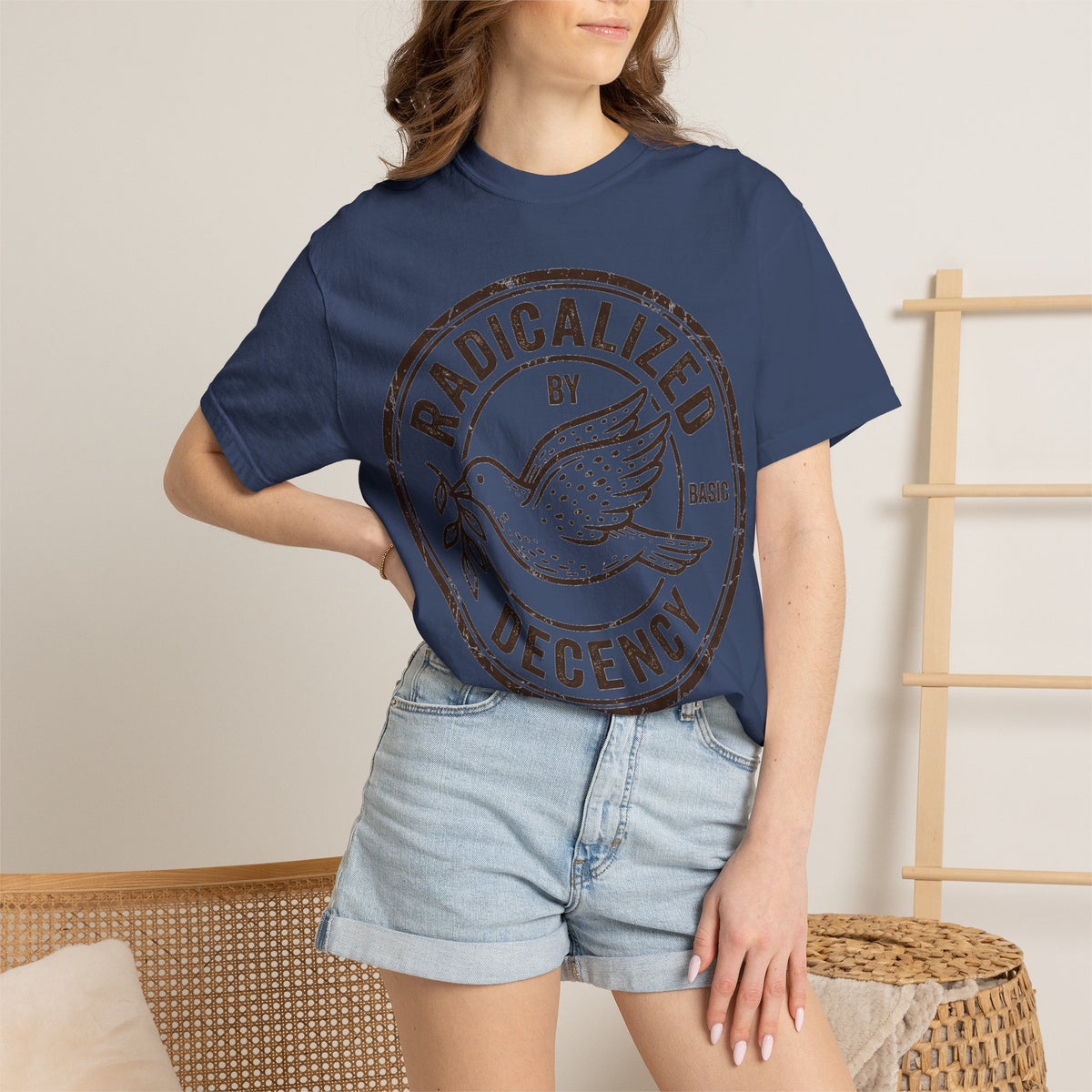 Radicalized By Basic Decency Brown Stamp Shirt, Flying Dove Badge Tee, Kindness Activist Shirt, Ally Gift