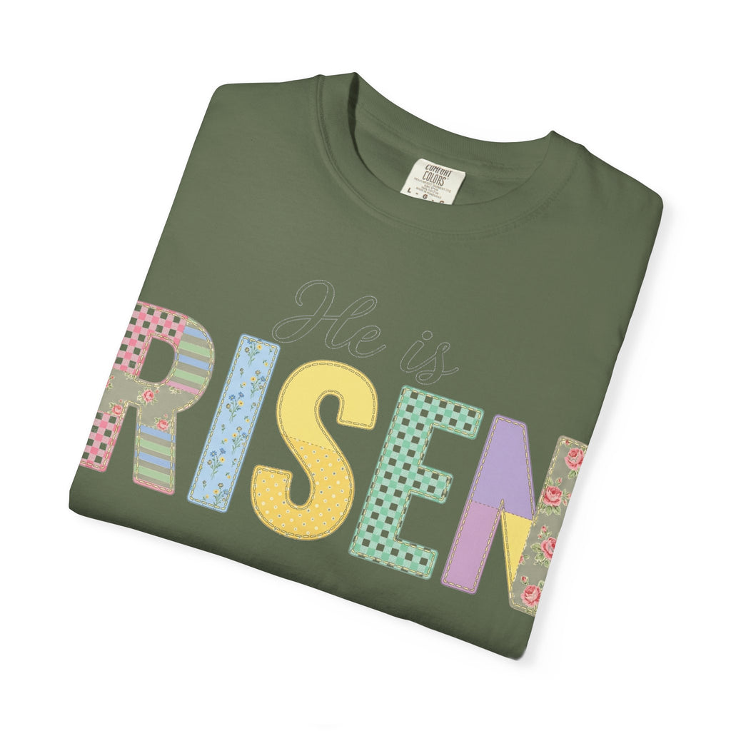 He Is Risen Patchwork Shirt, Faux Applique Easter Tee, Gingham Floral Christian Shirt, Easter Gift