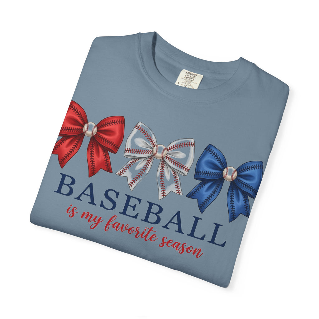 Baseball Is My Favorite Season Tee, Small Bow Trio Baseball Shirt, Coquette Sports Mom Shirt, Game Day Gift