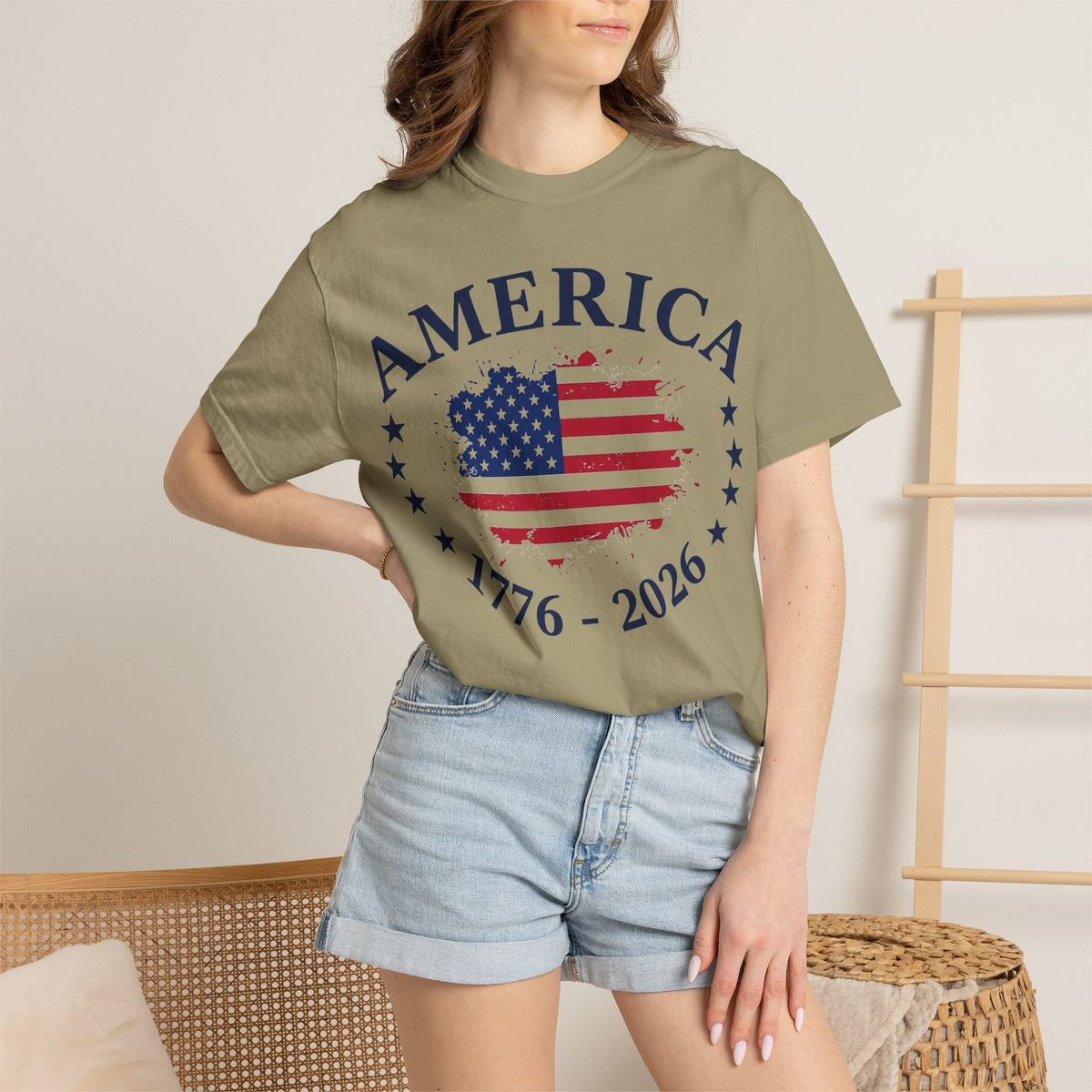 America 1776 2026 Wide Flag Shirt, Patriotic Star Border Tee, Distressed USA Flag Shirt, July 4th Gift