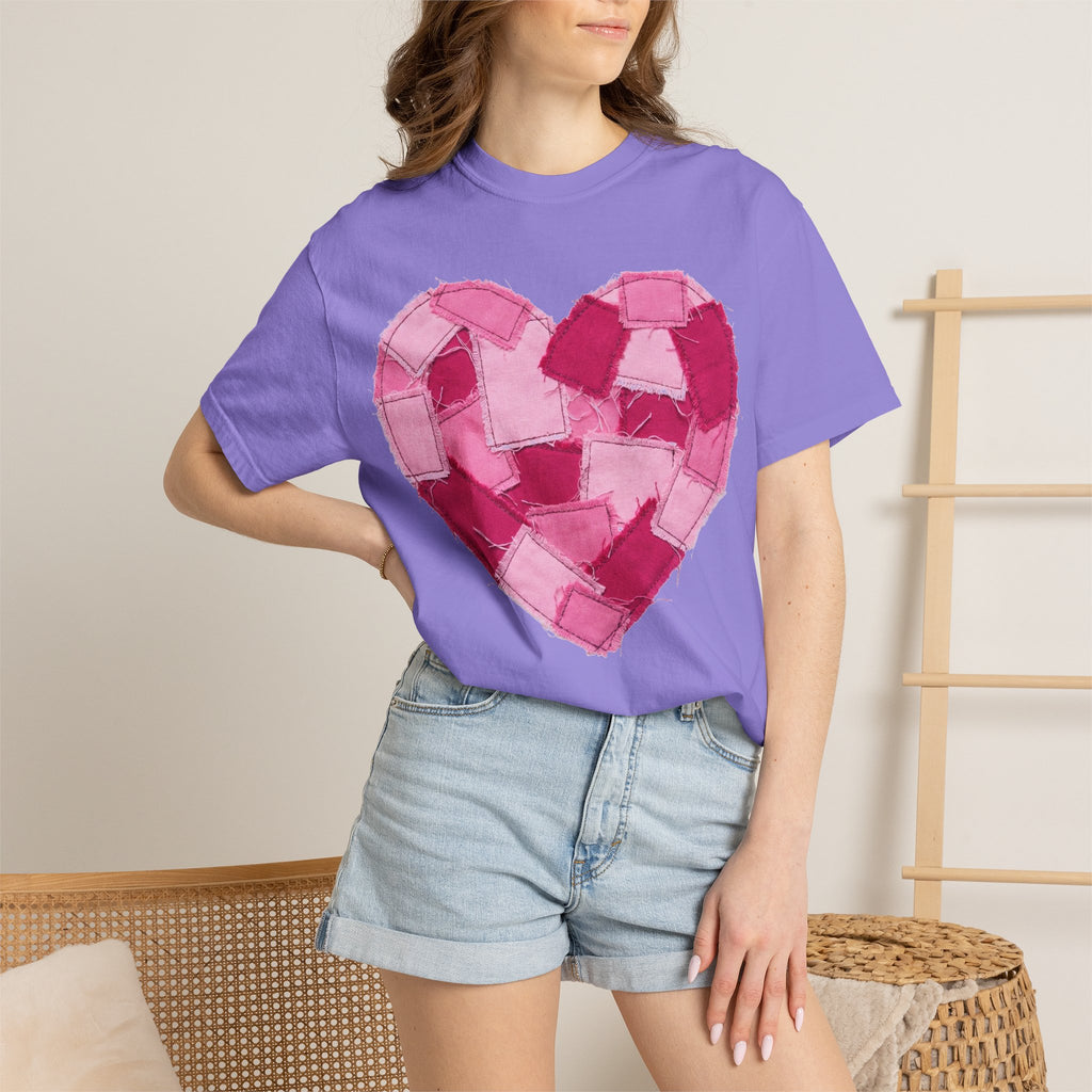 Patchwork Heart Shirt, Frayed Pink Quilt Heart Tee, Shabby Chic Valentine Shirt, Cozy Gift