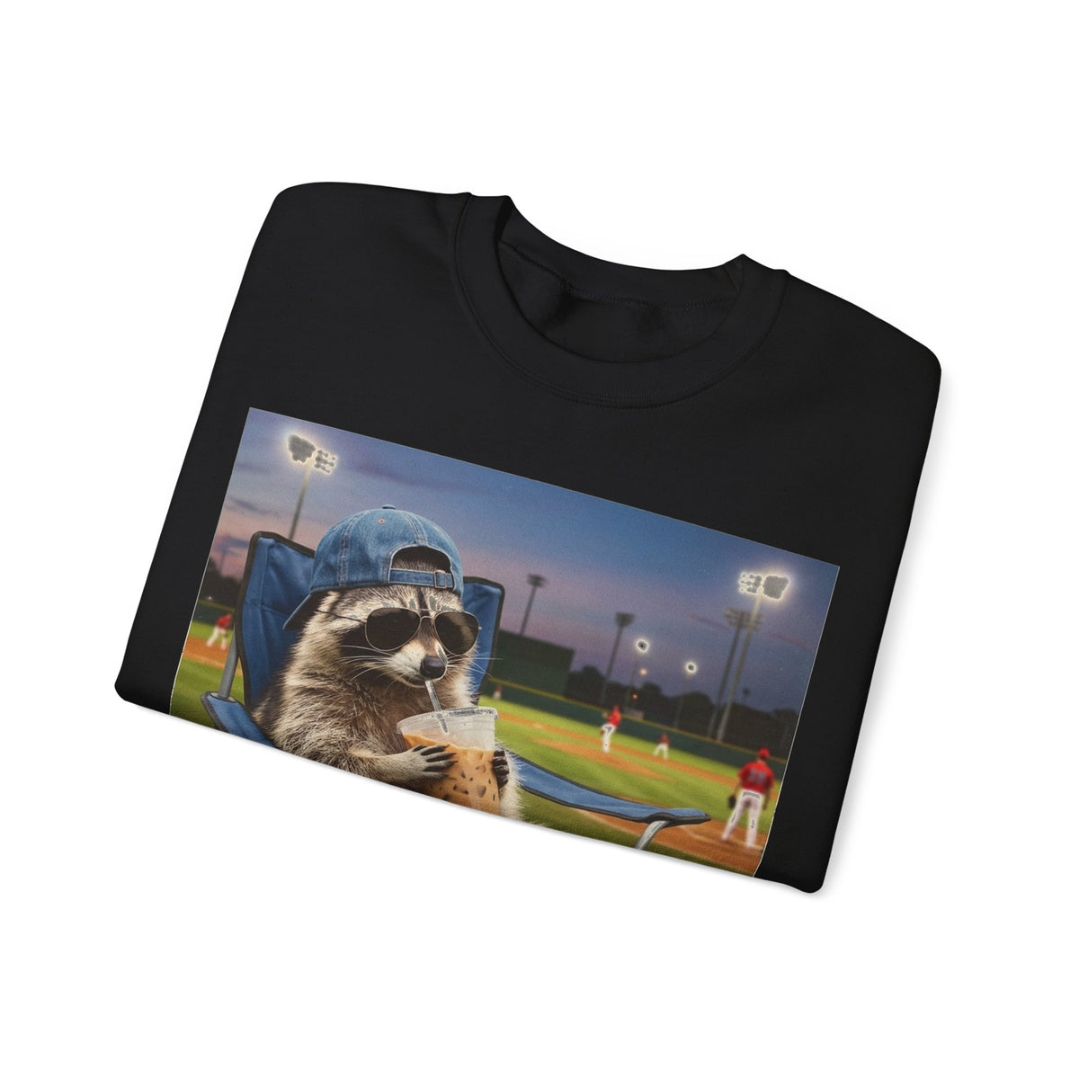I Live Here Now Raccoon Baseball Sweatshirt, Funny Baseball Mom Sweatshirt, Raccoon Camp Chair Stadium Sweatshirt, Travel Ball Parent Gift,