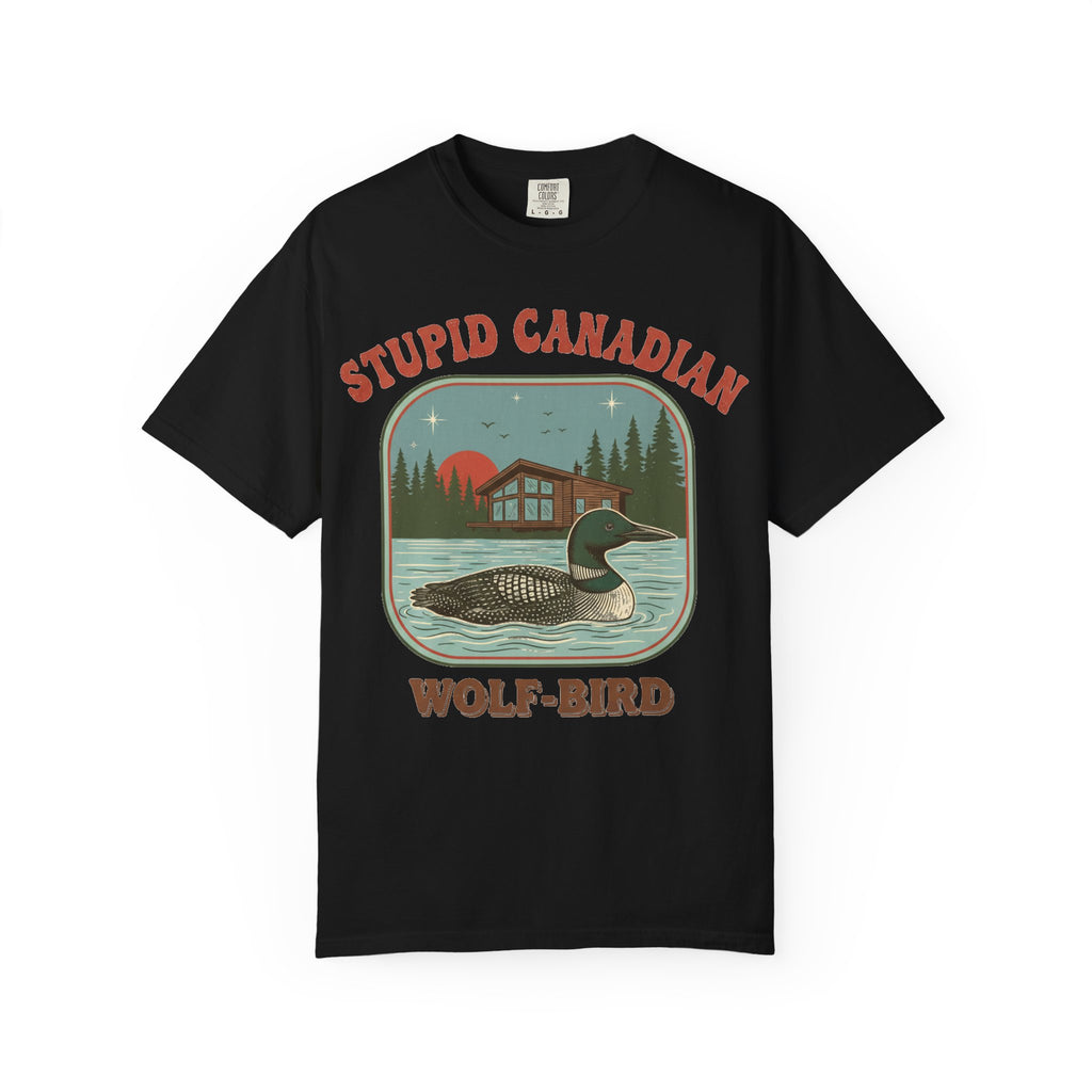 Stupid Canadian Wolf-Bird Arched Shirt, Retro Loon Sunset Badge Tee, Funny Lake Shirt, Cabin Gift