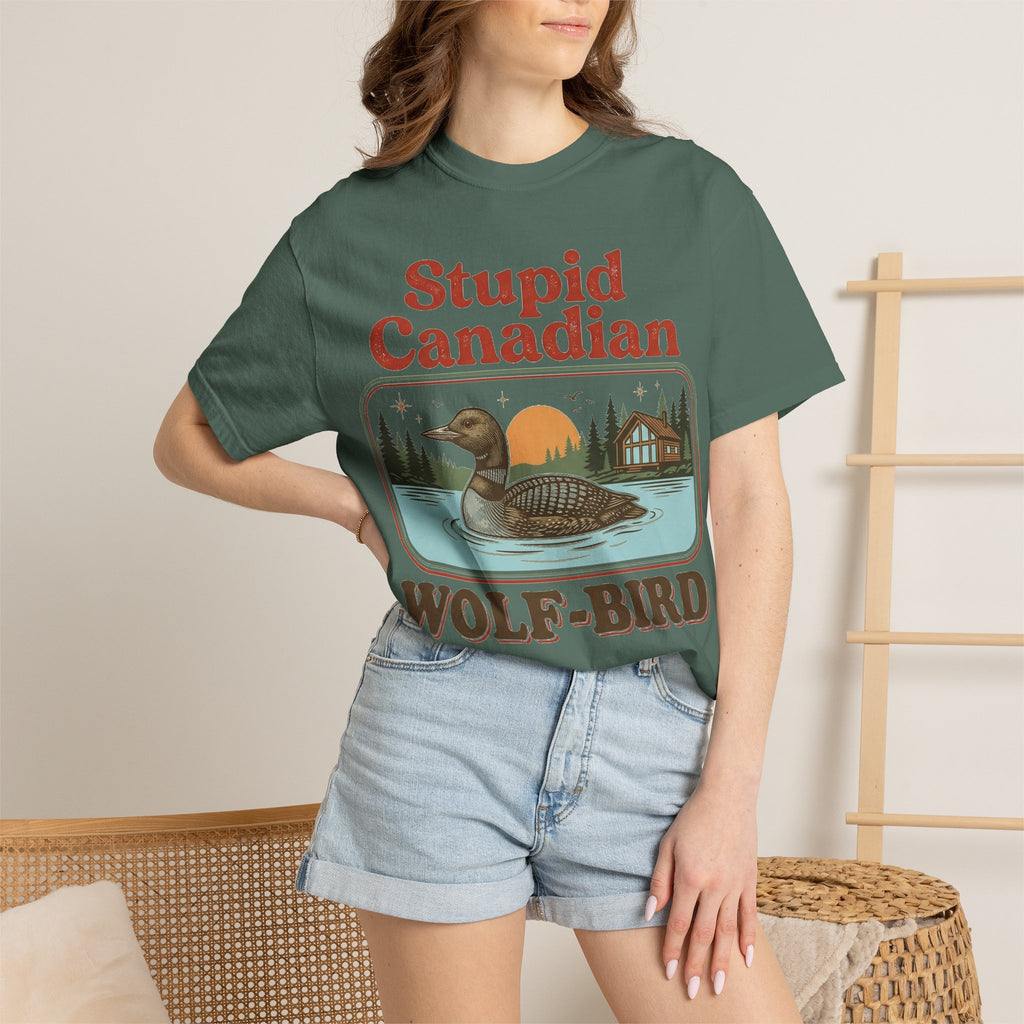 Stupid Canadian Wolf-Bird Classic Shirt, Loon Lake Scene Badge Tee, Funny Cabin Shirt, Lake Life Gift