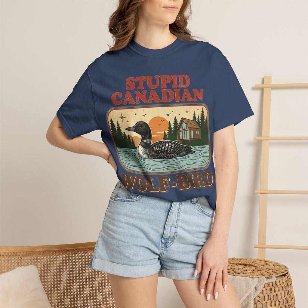Stupid Canadian Wolf-Bird Shirt, Retro Loon Lake Badge Tee, Funny Canada Cabin Shirt, Lake Life Gift