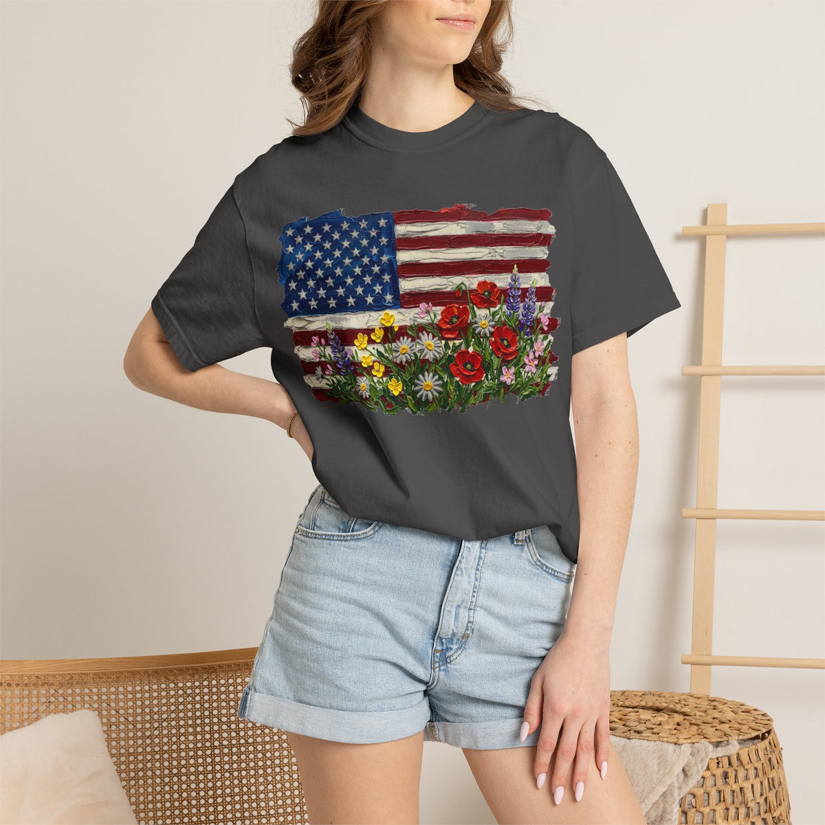 Painted Flag Wildflower Meadow Shirt, Impasto Americana Floral Tee, Patriotic Shirt, Independence Day Gift