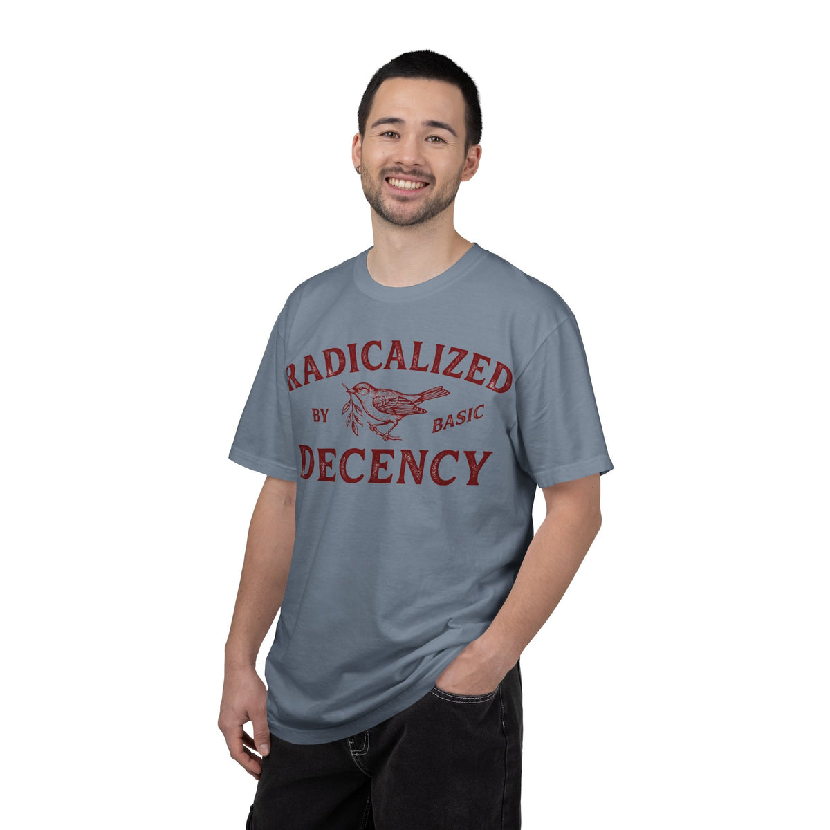 Radicalized By Basic Decency Bold Shirt, Engraved Bird Typography Tee, Kindness Statement Shirt, Protest Gift