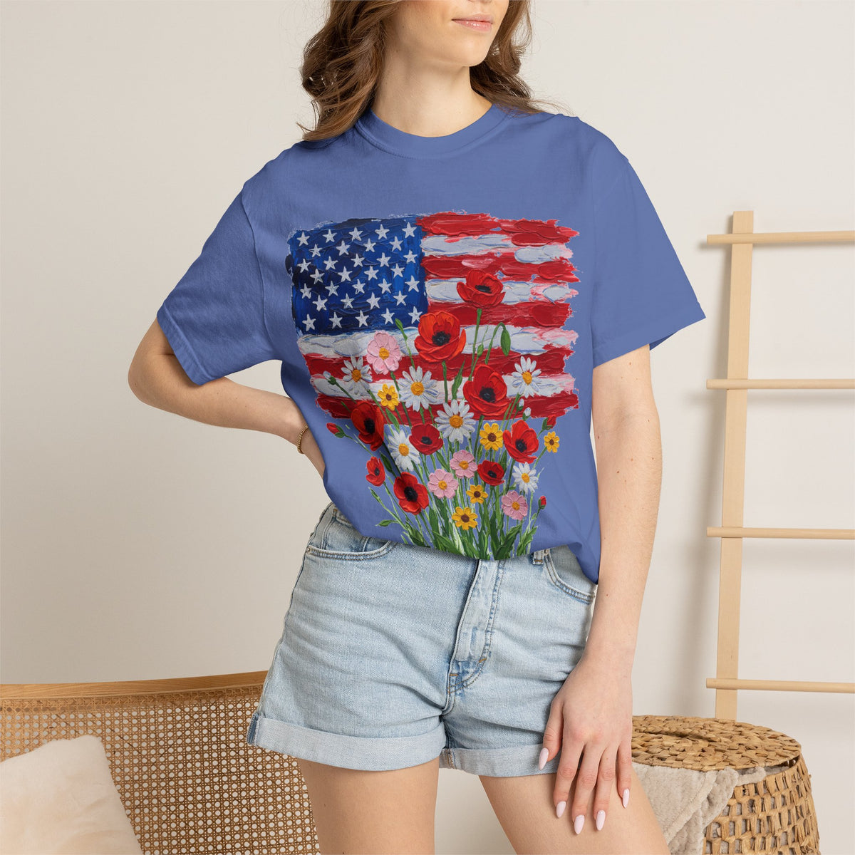 American Flag Poppy Bouquet Shirt, Impasto Patriotic Floral Tee, Memorial Day Shirt, Veterans Gift