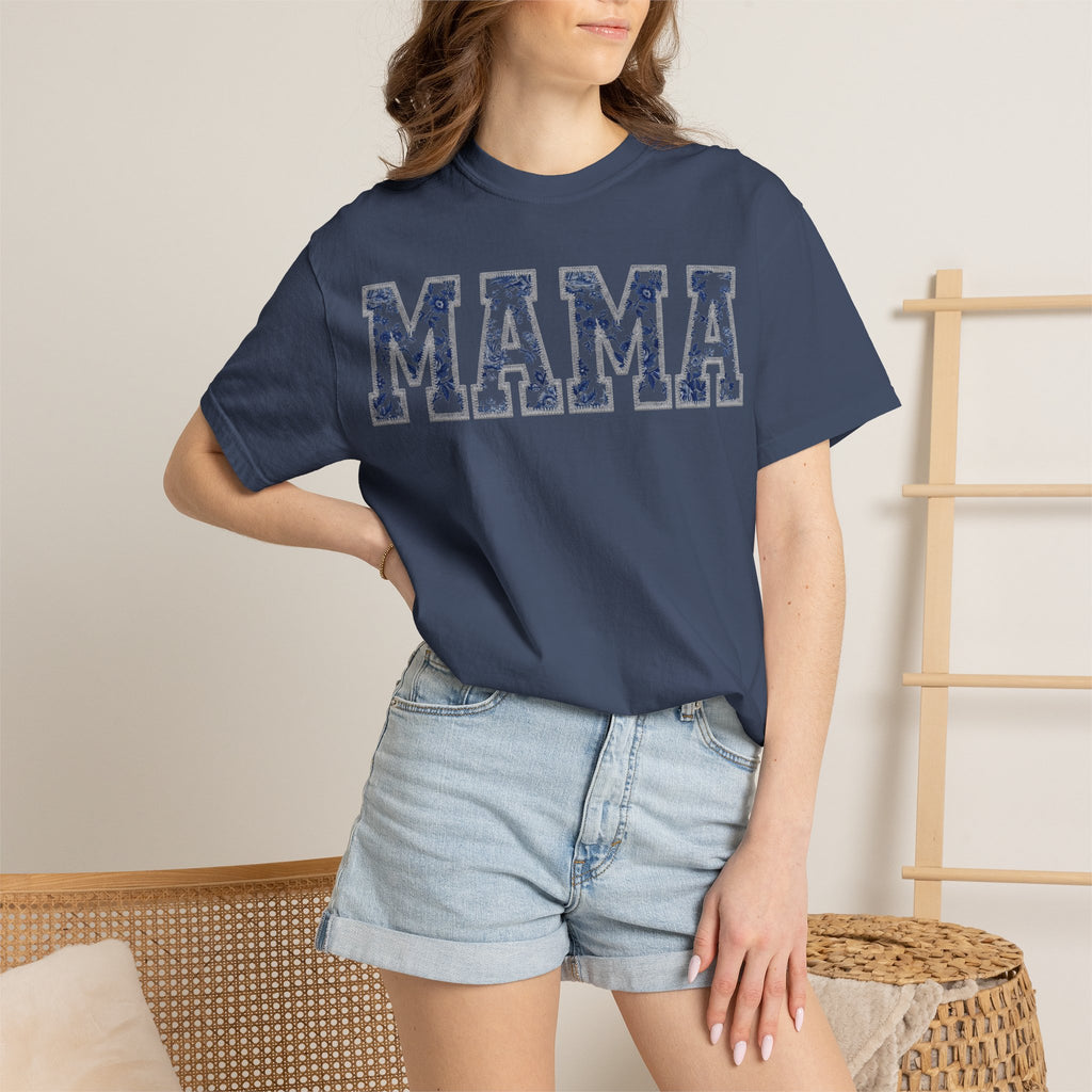Mama Blue Toile Shirt, Delft Floral Applique Varsity Tee, Chinoiserie Mom Shirt, Mothers Day Gift