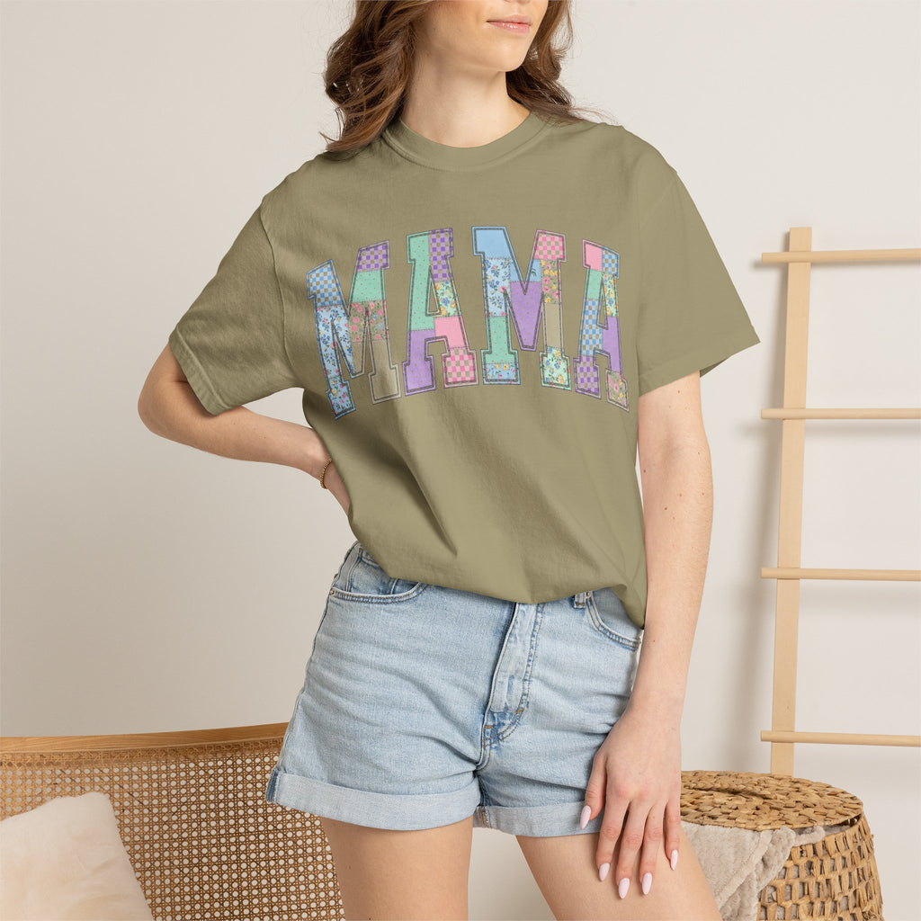 Mama Arched Patchwork Shirt, Pastel Quilt Letter Tee, Cottagecore Mom Shirt, Mothers Day Gift
