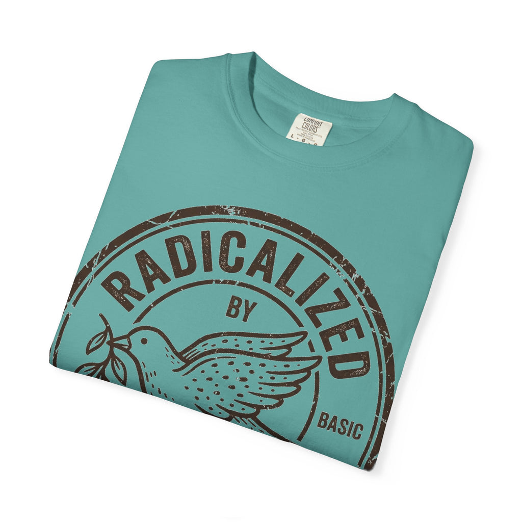 Radicalized By Basic Decency Brown Stamp Shirt, Flying Dove Badge Tee, Kindness Activist Shirt, Ally Gift