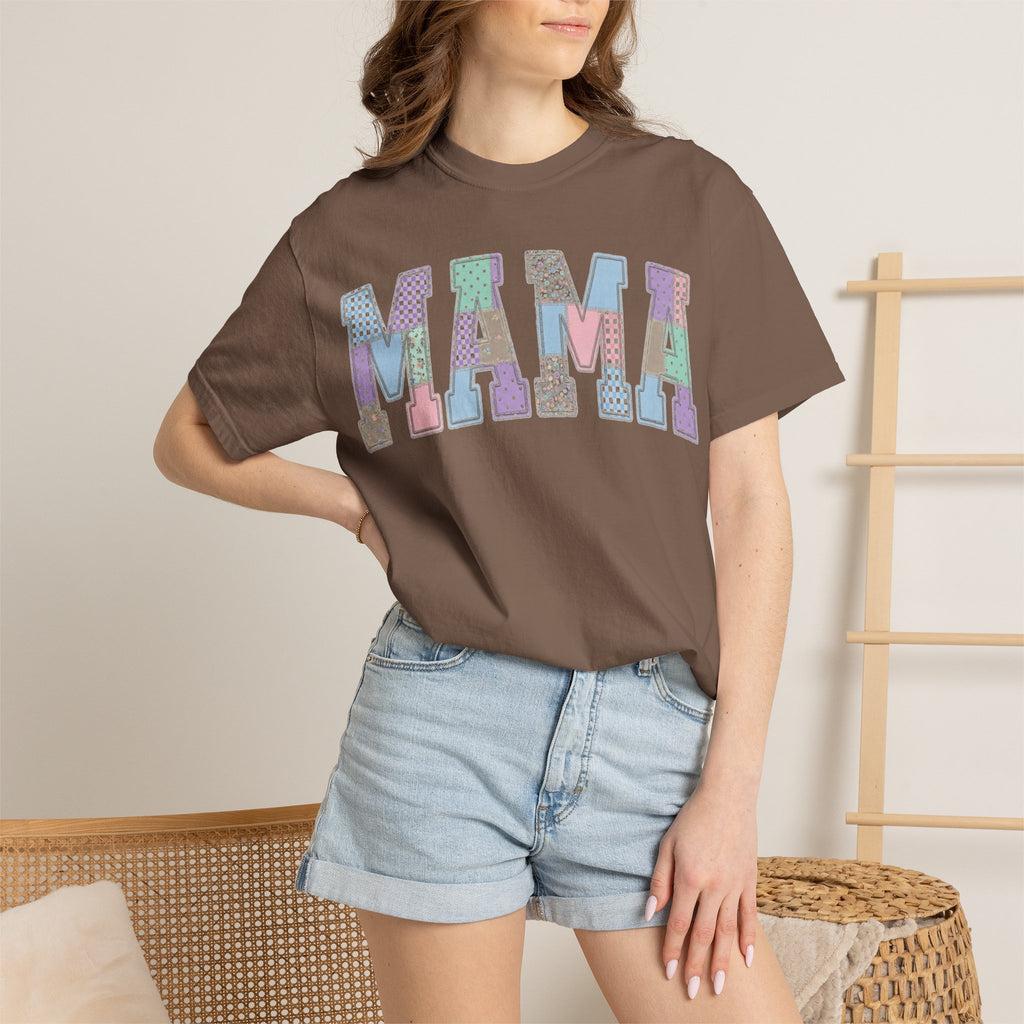 Mama Patchwork Shirt, Pastel Faux Applique Varsity Tee, Shabby Chic Mom Shirt, Mothers Day Gift