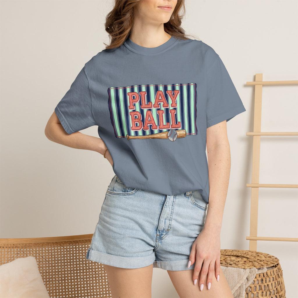 Play Ball Wide Stripe Shirt, Baseball Bat And Ball Tee, Vintage Game Day Shirt, Baseball Mom Gift