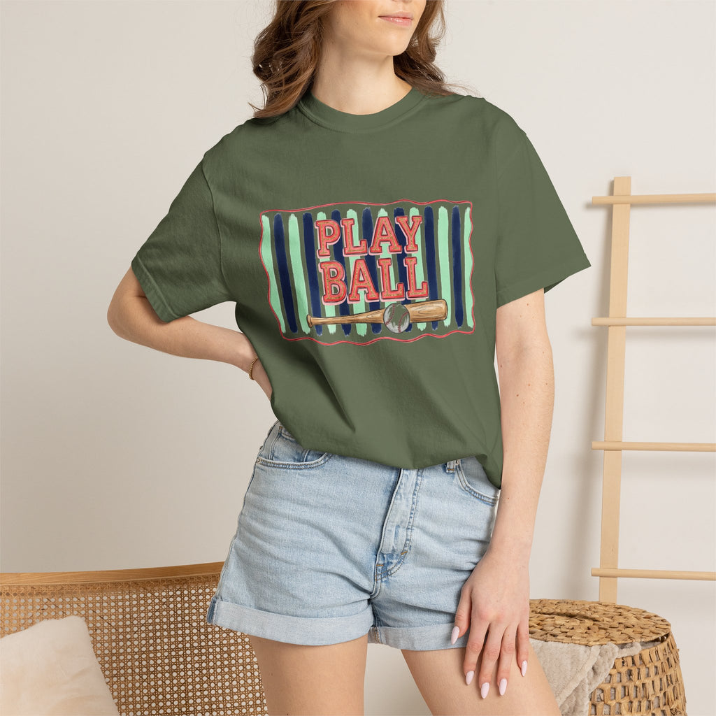 Play Ball Shirt, Painted Stripe Baseball Tee, Vintage Baseball Mom Shirt, Game Day Gift