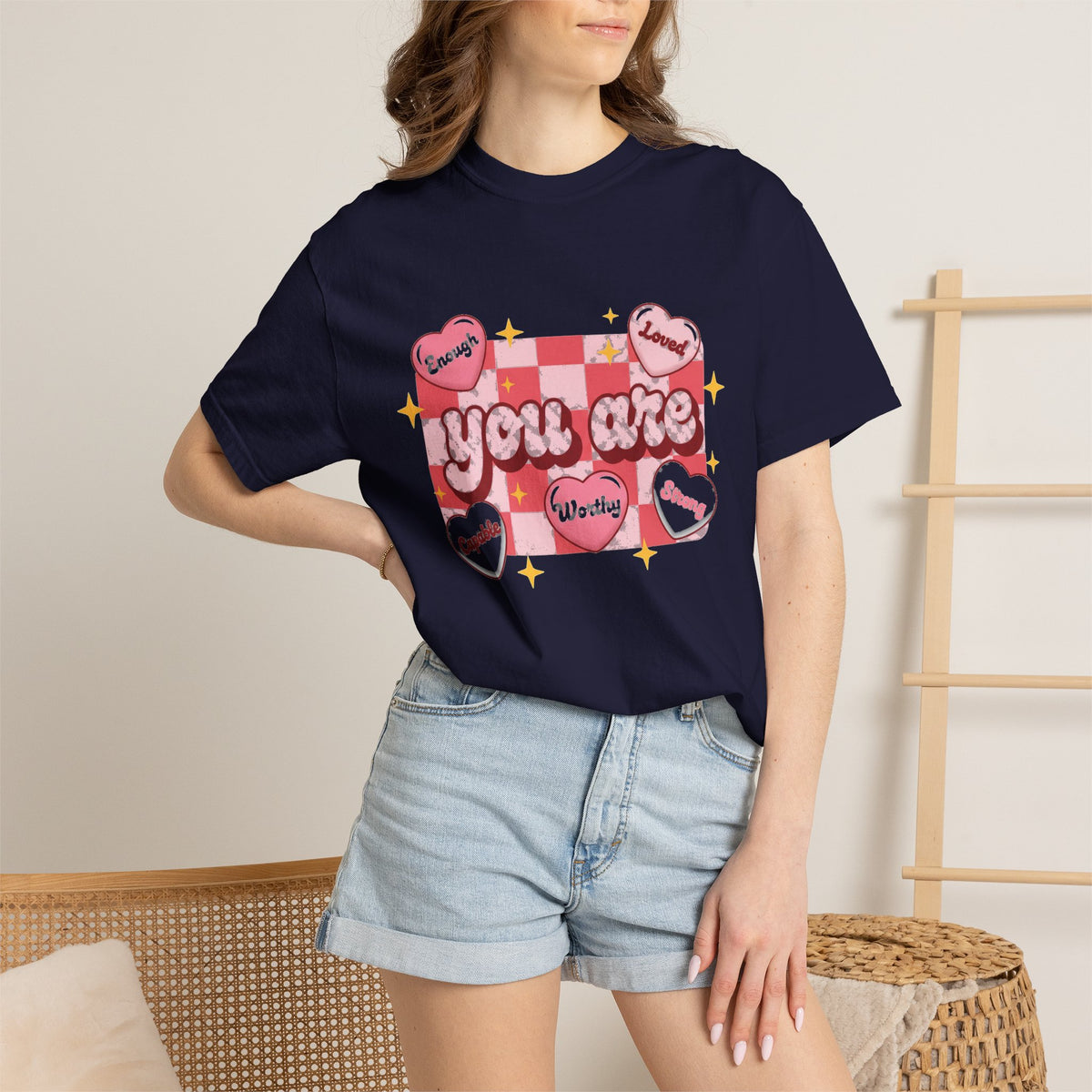 You Are Enough Pink Check Shirt, Affirmation Conversation Heart Tee, Valentines Shirt, Self Love Gift