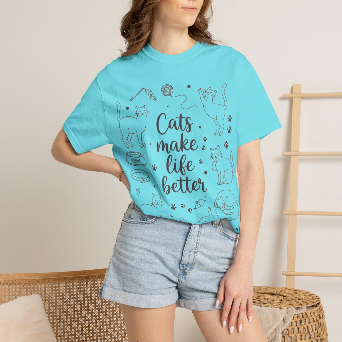 Cats Make Life Better Tall Shirt, Line Art Cat Collage Tee, Cat Lover Shirt, Cat Mom Gift