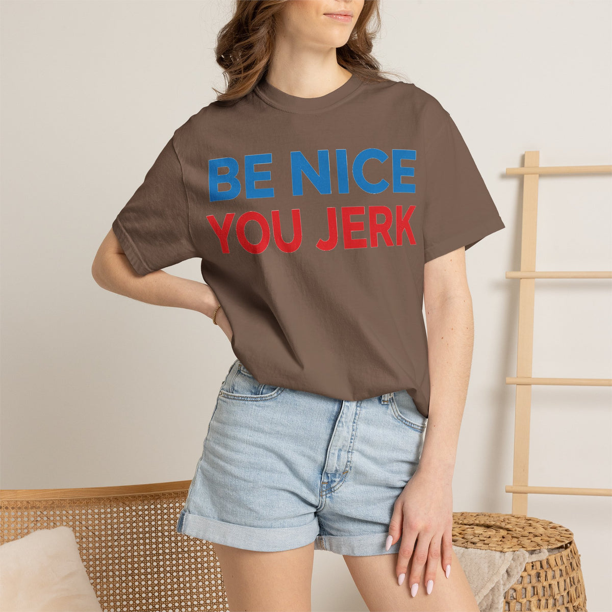 Be Nice You Jerk Wide Shirt, Funny Sarcastic Saying Tee, Light Blue And Red Shirt, Funny Friend Gift