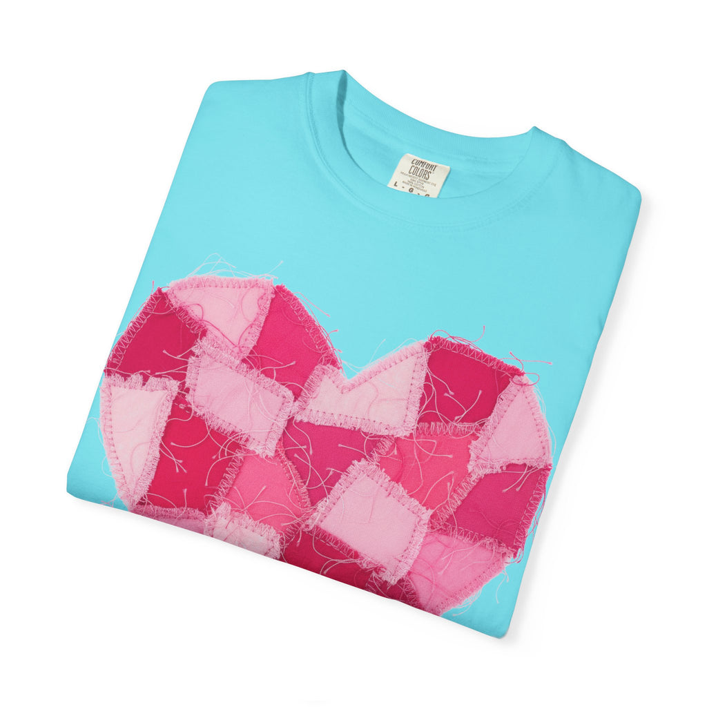 Hot Pink Patchwork Heart Shirt, Checkered Quilt Heart Tee, Frayed Applique Valentine Shirt, Gift For Her