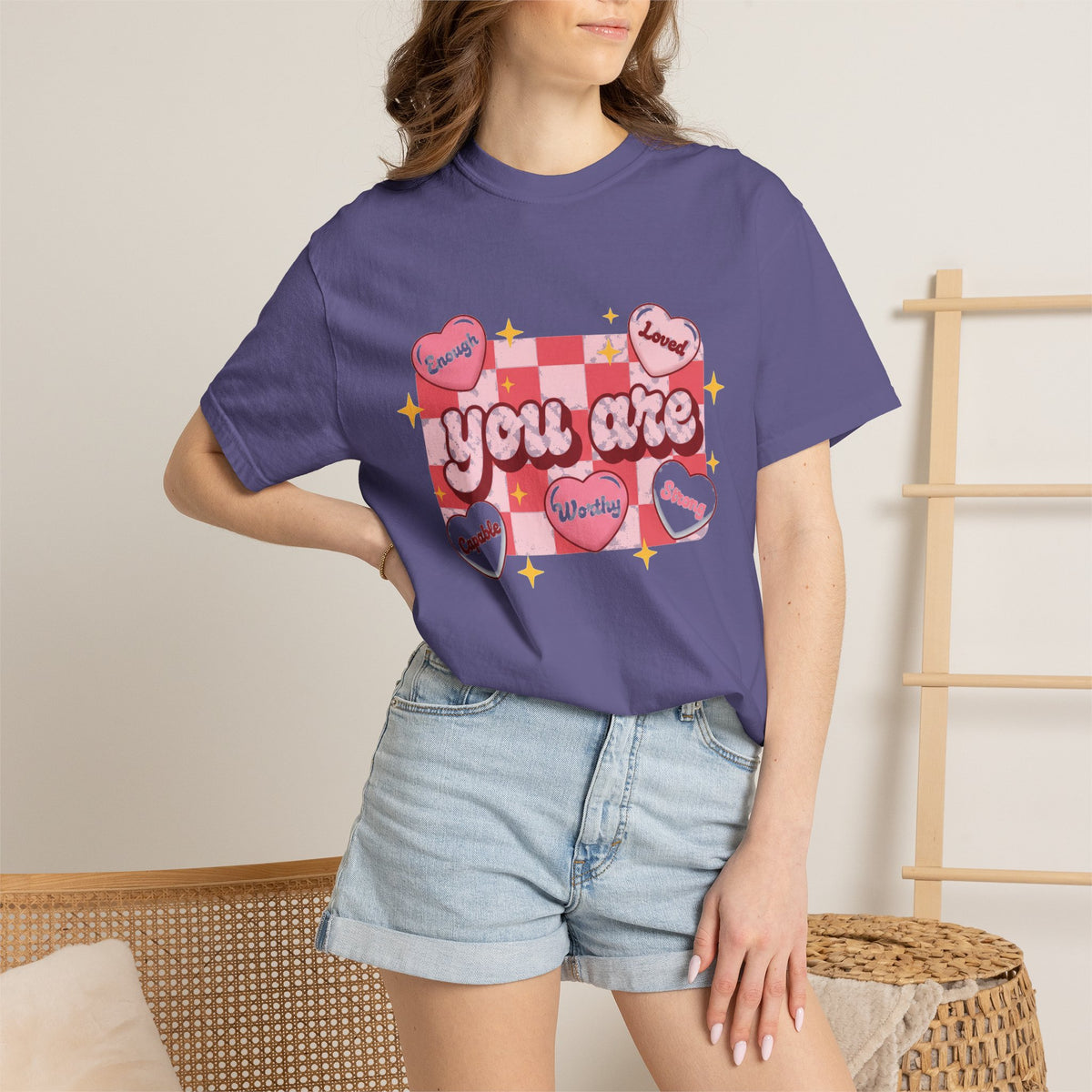 You Are Enough Pink Check Shirt, Affirmation Conversation Heart Tee, Valentines Shirt, Self Love Gift