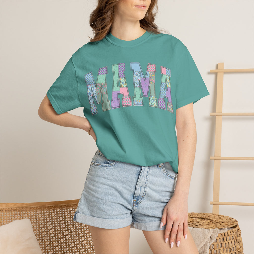 Mama Arched Patchwork Shirt, Pastel Quilt Letter Tee, Cottagecore Mom Shirt, Mothers Day Gift