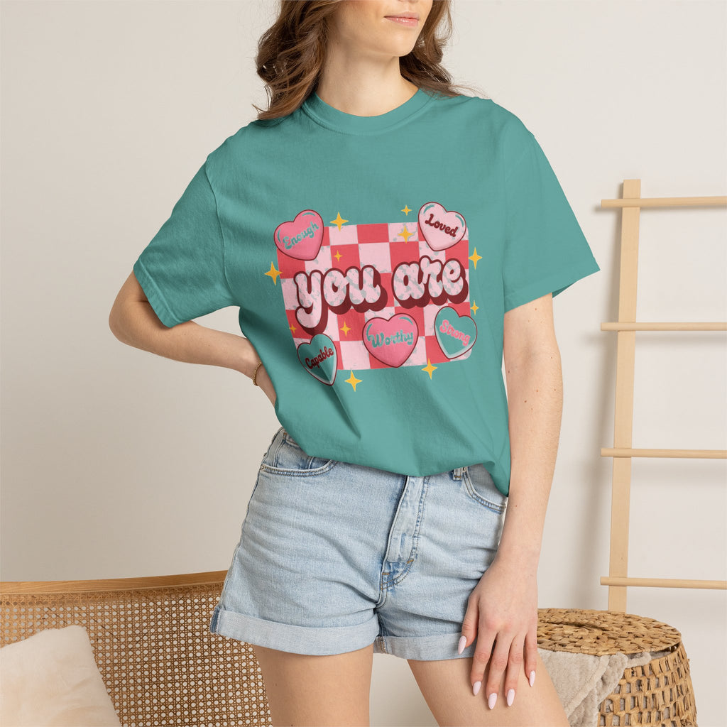 You Are Enough Pink Check Shirt, Affirmation Conversation Heart Tee, Valentines Shirt, Self Love Gift