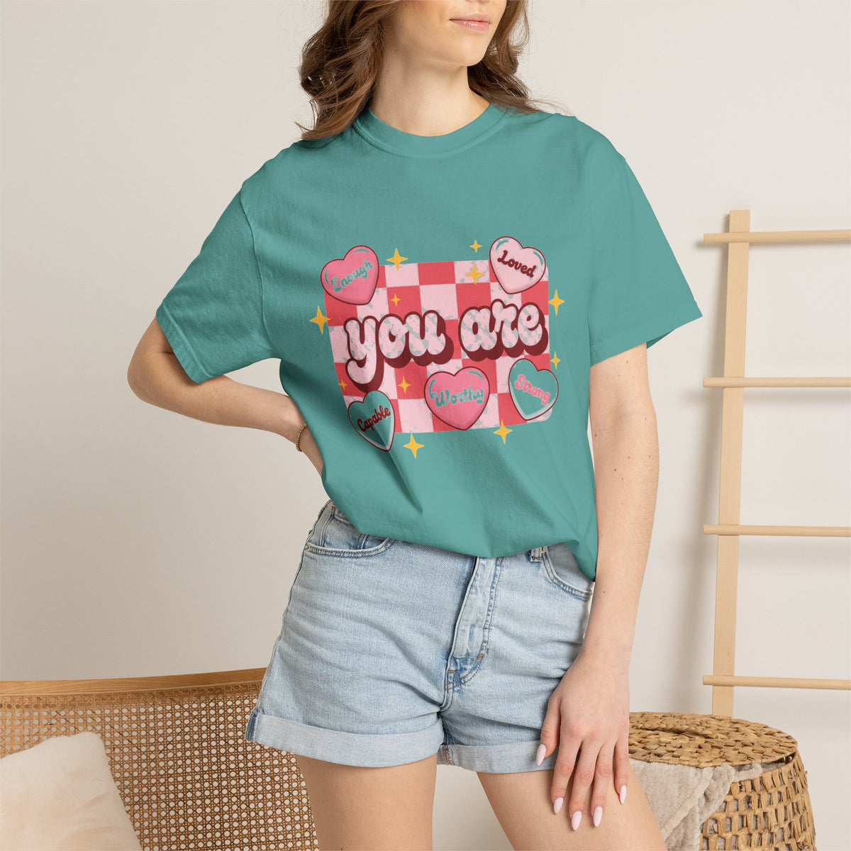 You Are Enough Pink Check Shirt, Affirmation Conversation Heart Tee, Valentines Shirt, Self Love Gift