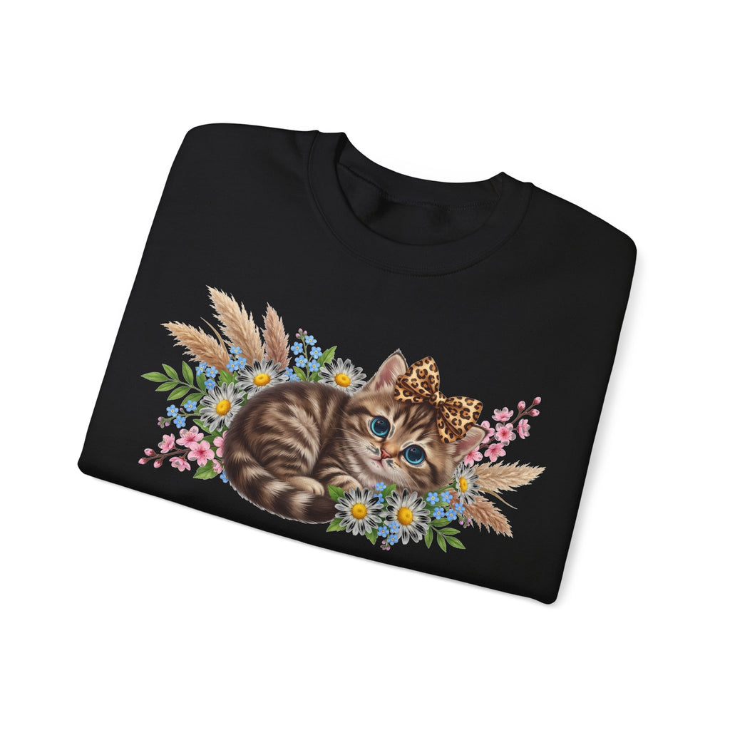 Cute Kitten Sweatshirt, Leopard Bow Floral Cat Sweatshirt, Coquette Cat Lover Gift, Tabby Kitten Pampas Flowers Sweatshirt, Cat Mom Boho Swe