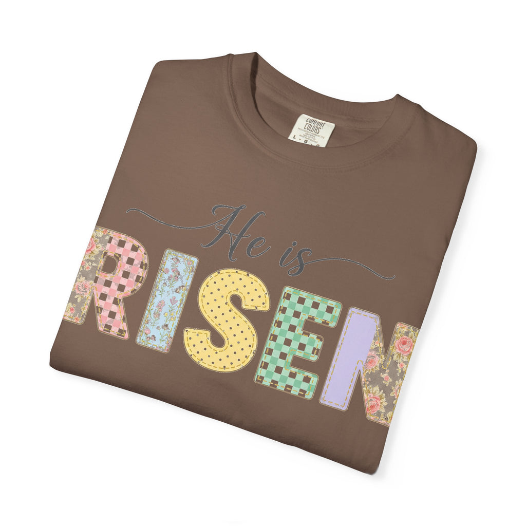 He Is Risen Pastel Patch Shirt, Easter Faux Stitch Letter Tee, Christian Spring Shirt, Easter Gift