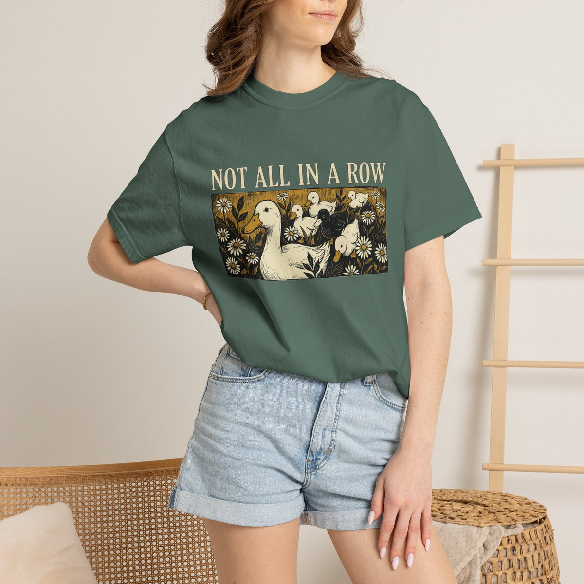 Not All In A Row Shirt, Woodcut Duck And Daisies Tee, Vintage Block Print Shirt, Funny Duck Gift