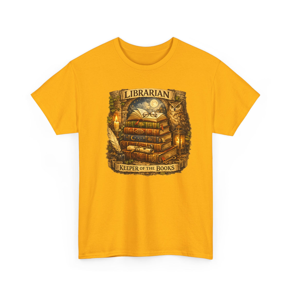 Librarian 'Keeper of the Books' T-Shirt — Vintage Bookstack & Owl Graphic