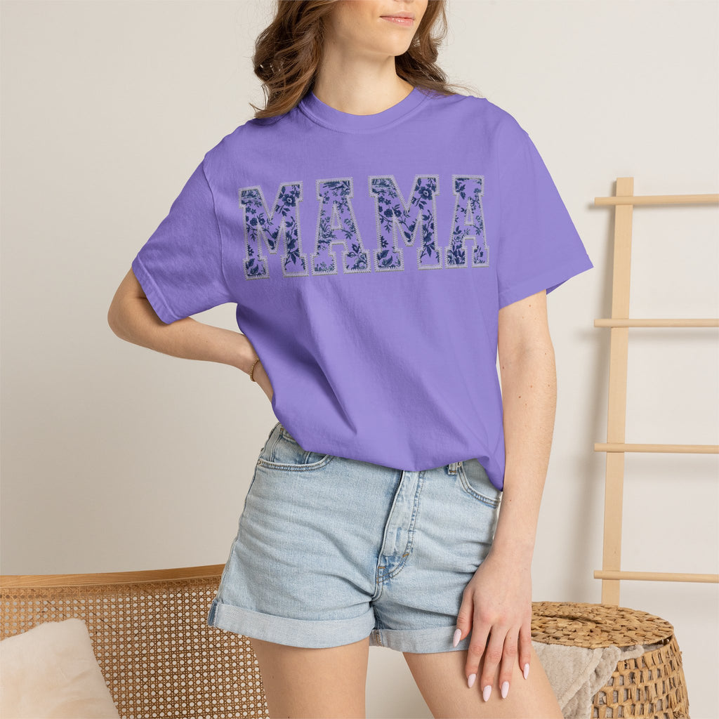 Mama Blue Toile Shirt, Delft Floral Applique Varsity Tee, Chinoiserie Mom Shirt, Mothers Day Gift