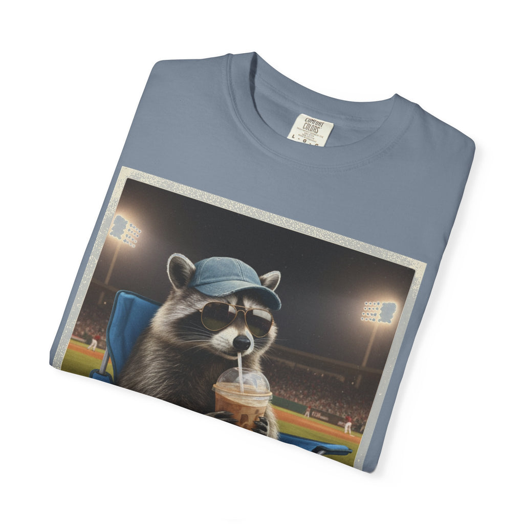 Baseball Raccoon Shirt, I Live Here Now Tee, Funny Ballpark Iced Coffee Shirt, Baseball Mom Gift