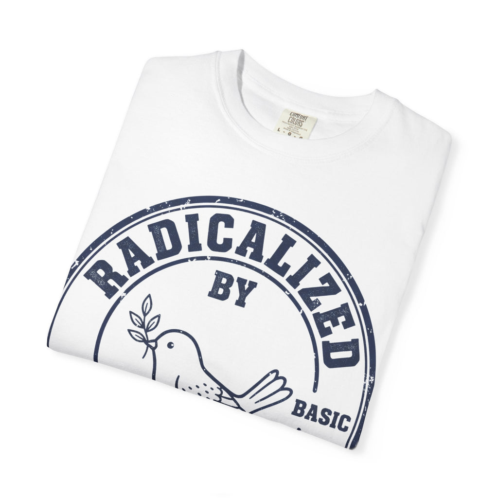 Radicalized By Basic Decency Navy Stamp Shirt, Line Art Dove Badge Tee, Kindness Protest Shirt, Activist Gift