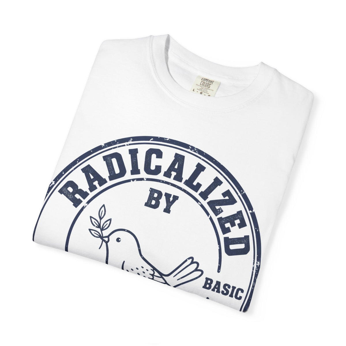 Radicalized By Basic Decency Navy Stamp Shirt, Line Art Dove Badge Tee, Kindness Protest Shirt, Activist Gift