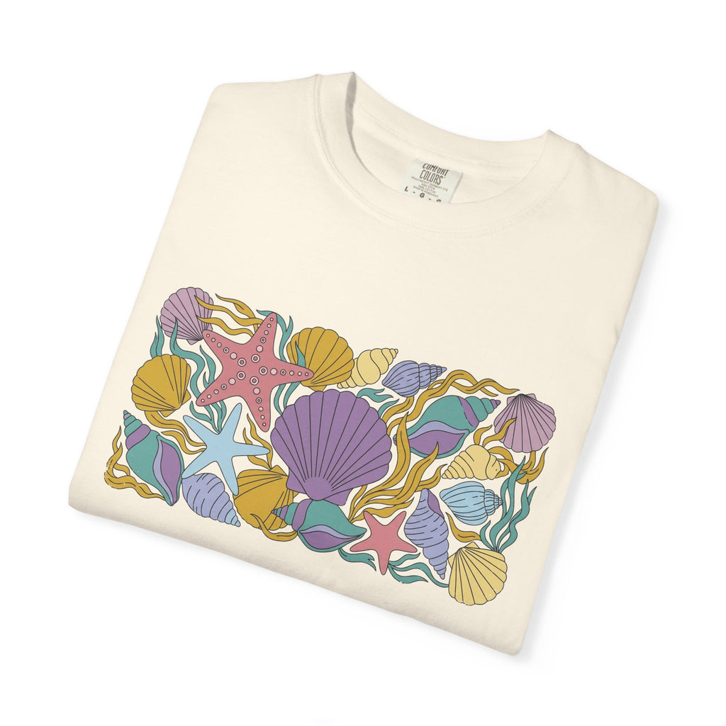 Seashell Starfish Shirt, Pastel Beach Shell Collage Tee, Coastal Summer Shirt, Beach Lover Gift