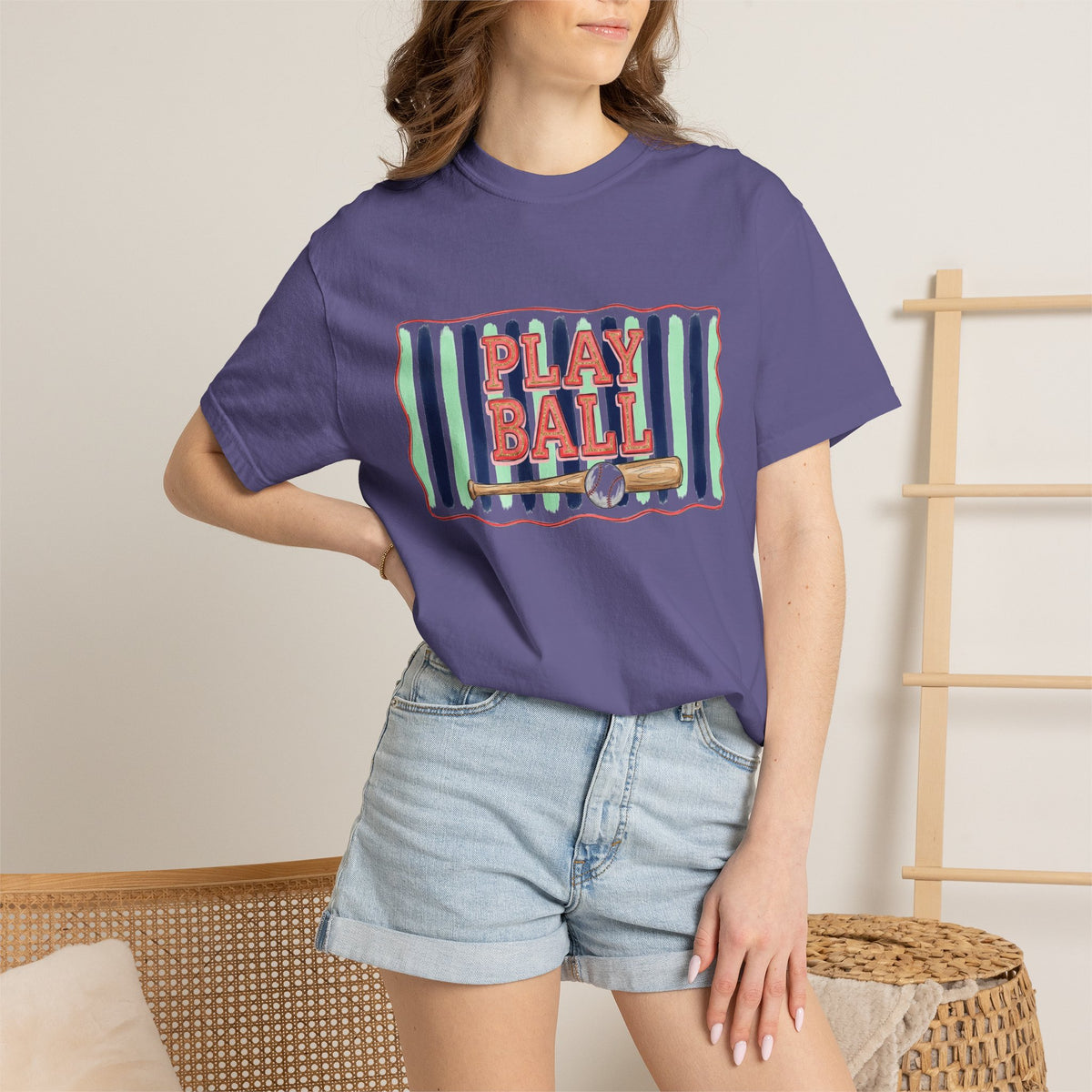 Play Ball Shirt, Painted Stripe Baseball Tee, Vintage Baseball Mom Shirt, Game Day Gift
