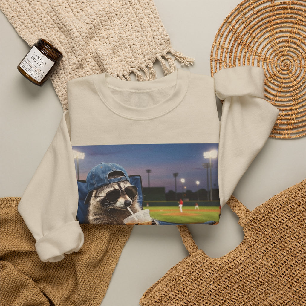 I Live Here Now Raccoon Baseball Sweatshirt, Funny Baseball Mom Sweatshirt, Raccoon Camp Chair Stadium Sweatshirt, Travel Ball Parent Gift,