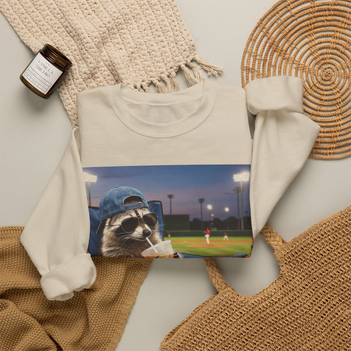 I Live Here Now Raccoon Baseball Sweatshirt, Funny Baseball Mom Sweatshirt, Raccoon Camp Chair Stadium Sweatshirt, Travel Ball Parent Gift,