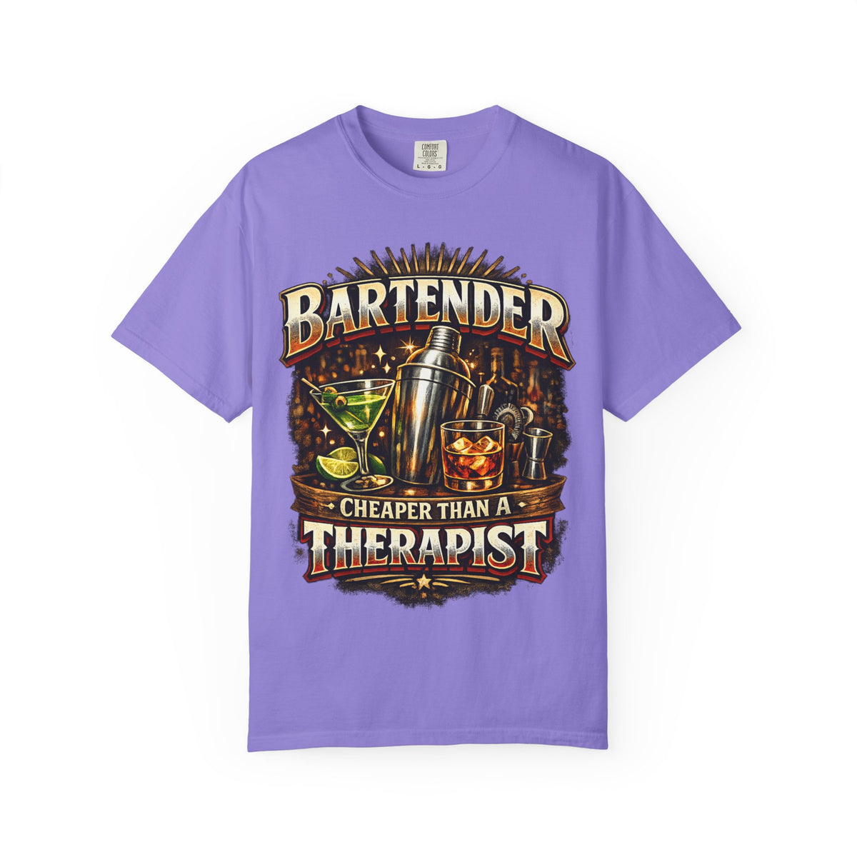 Bartender T-Shirt — "Bartender: Cheaper Than a Therapist" Vintage Bar Graphic Tee