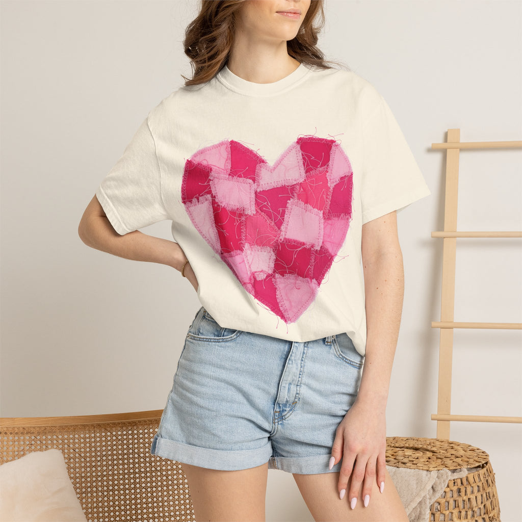 Hot Pink Patchwork Heart Shirt, Checkered Quilt Heart Tee, Frayed Applique Valentine Shirt, Gift For Her