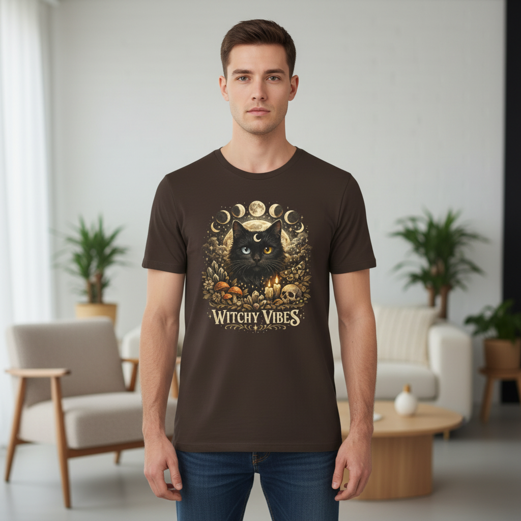 Witchy Vibes Cat T-Shirt — Black Cat Moon Phases Halloween Tee
