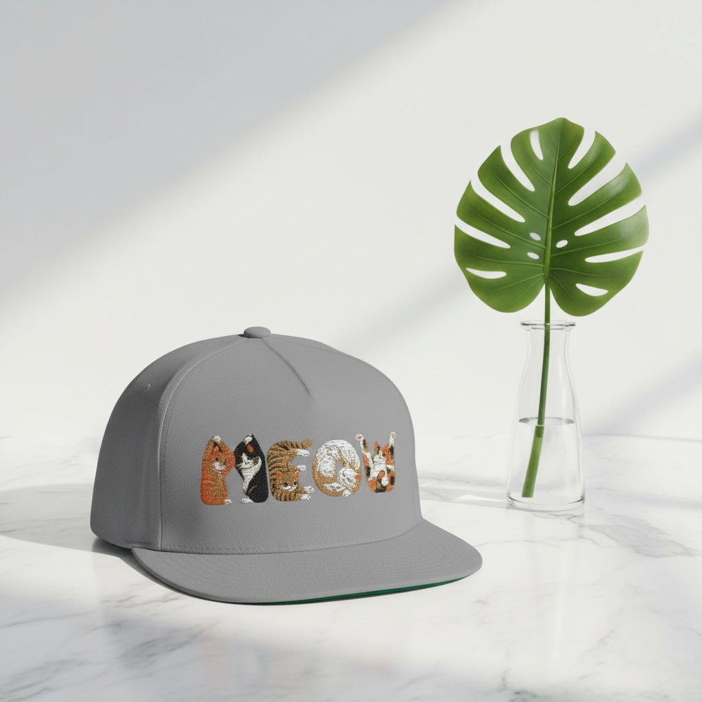 Cat Crew Embroidered Flat Bill Cap — 'MEOW' Animal Patch Snapback