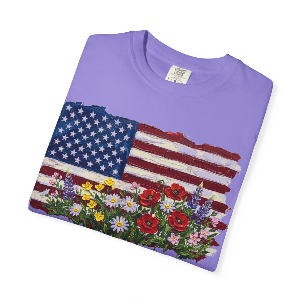 Painted Flag Wildflower Meadow Shirt, Impasto Americana Floral Tee, Patriotic Shirt, Independence Day Gift