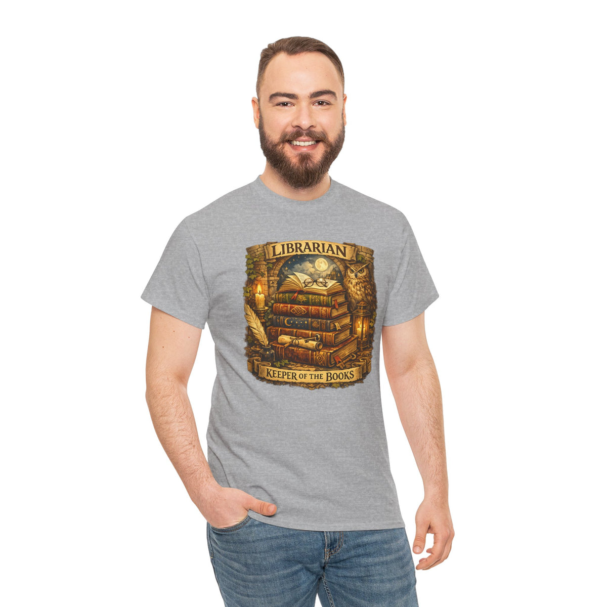 Librarian 'Keeper of the Books' T-Shirt — Vintage Bookstack & Owl Graphic