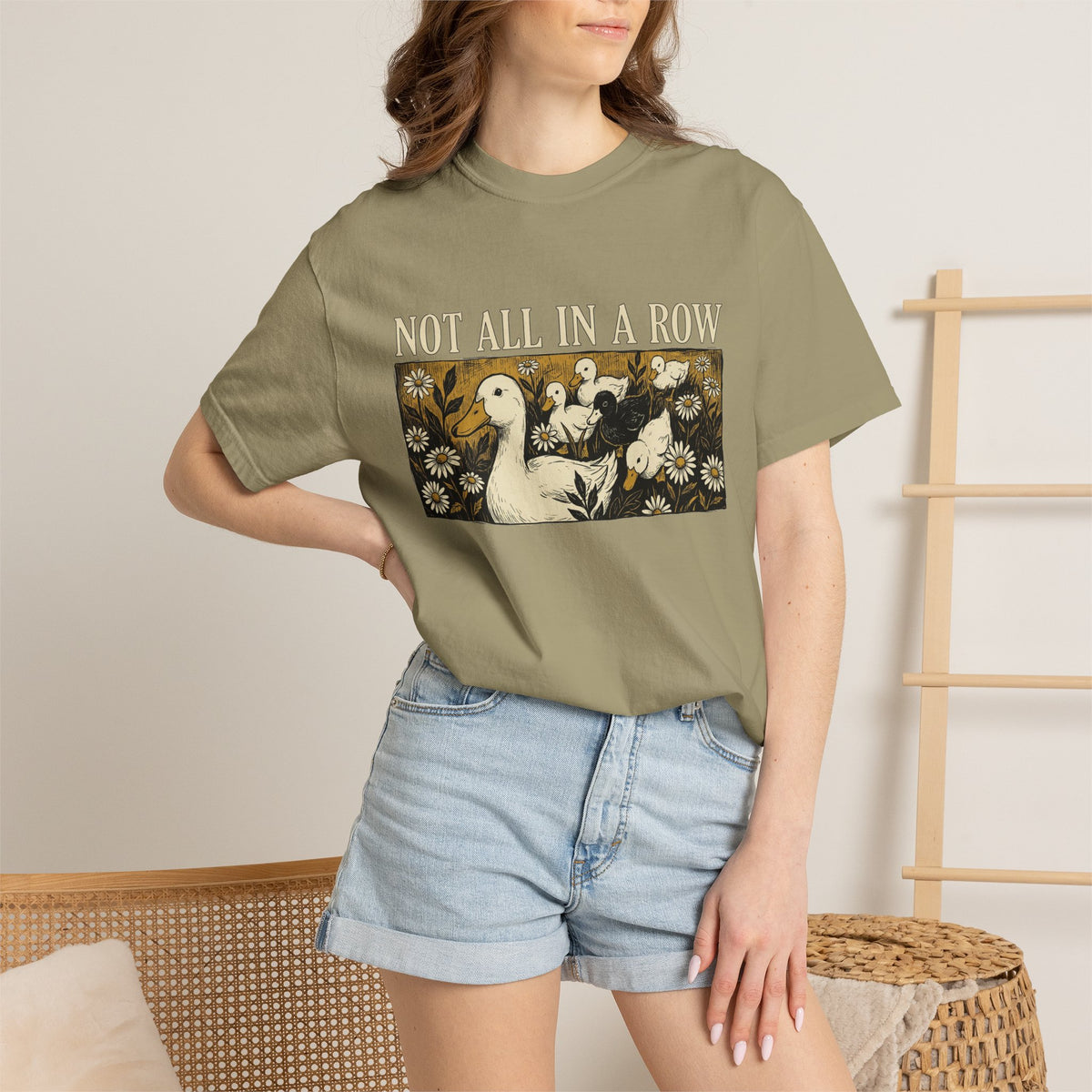 Not All In A Row Shirt, Woodcut Duck And Daisies Tee, Vintage Block Print Shirt, Funny Duck Gift