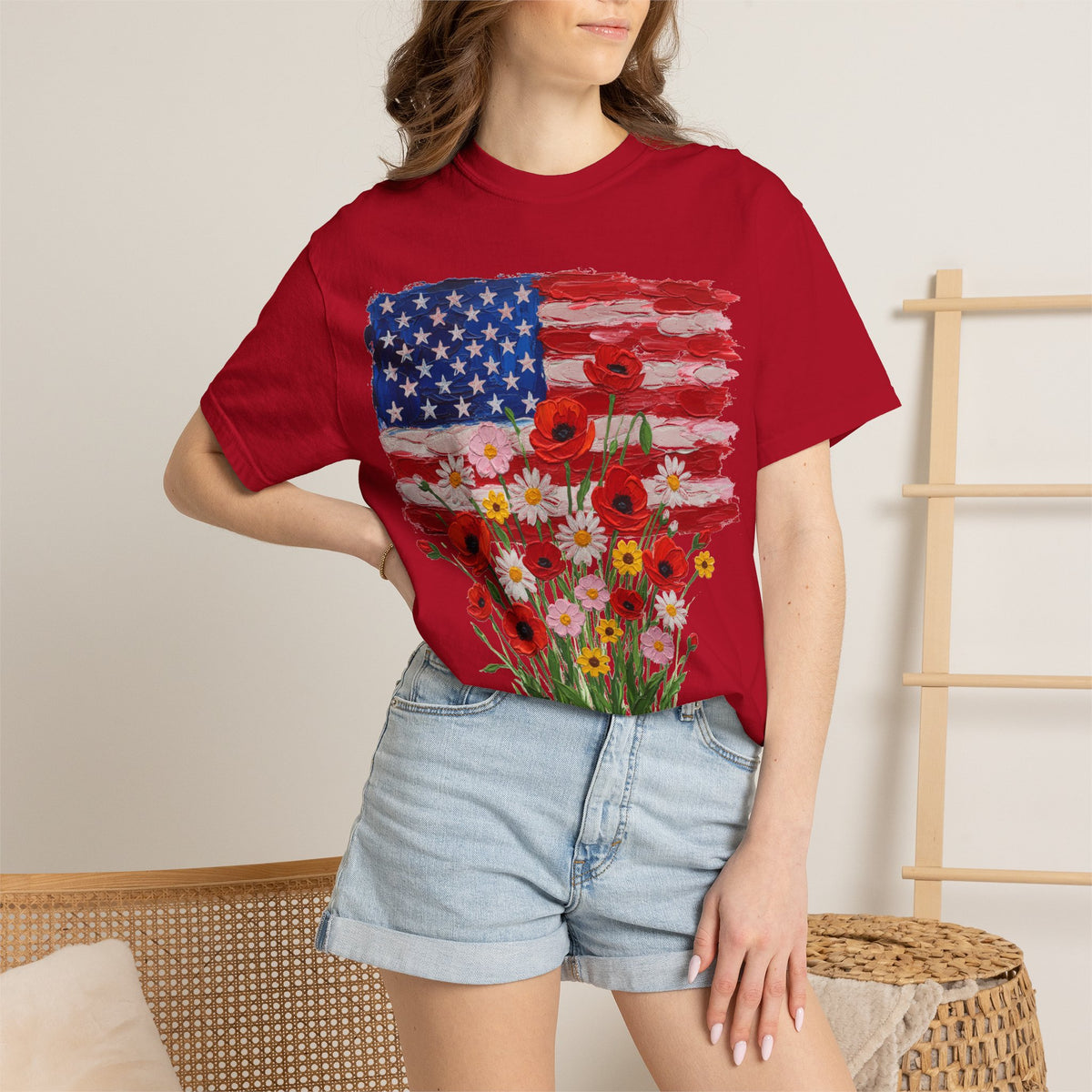 American Flag Poppy Bouquet Shirt, Impasto Patriotic Floral Tee, Memorial Day Shirt, Veterans Gift