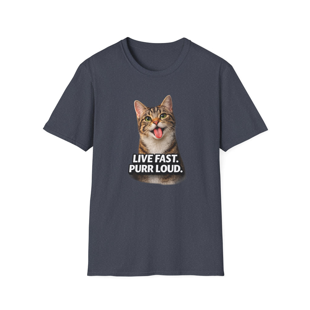 Cat T-Shirt — "Live Fast. Purr Loud." Funny Tabby Graphic Tee for Cat Lovers