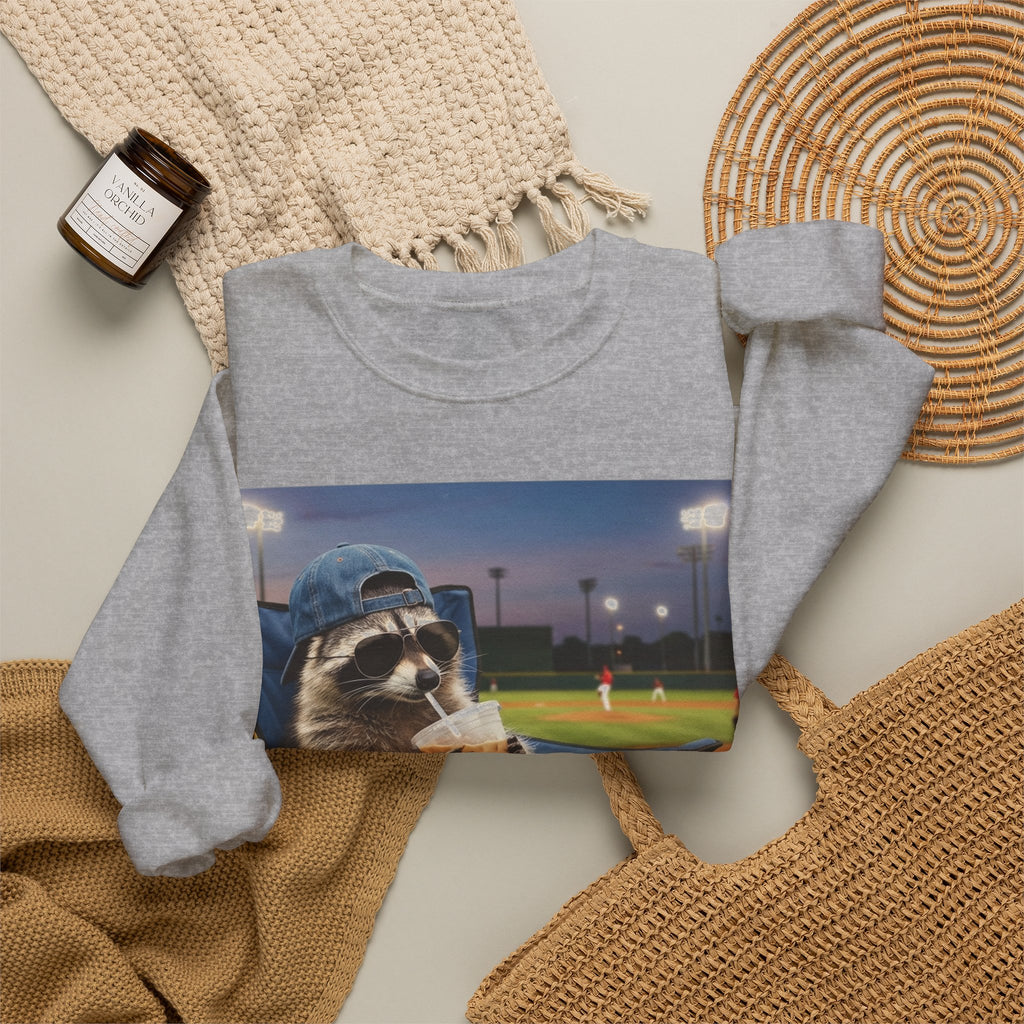 I Live Here Now Raccoon Baseball Sweatshirt, Funny Baseball Mom Sweatshirt, Raccoon Camp Chair Stadium Sweatshirt, Travel Ball Parent Gift,