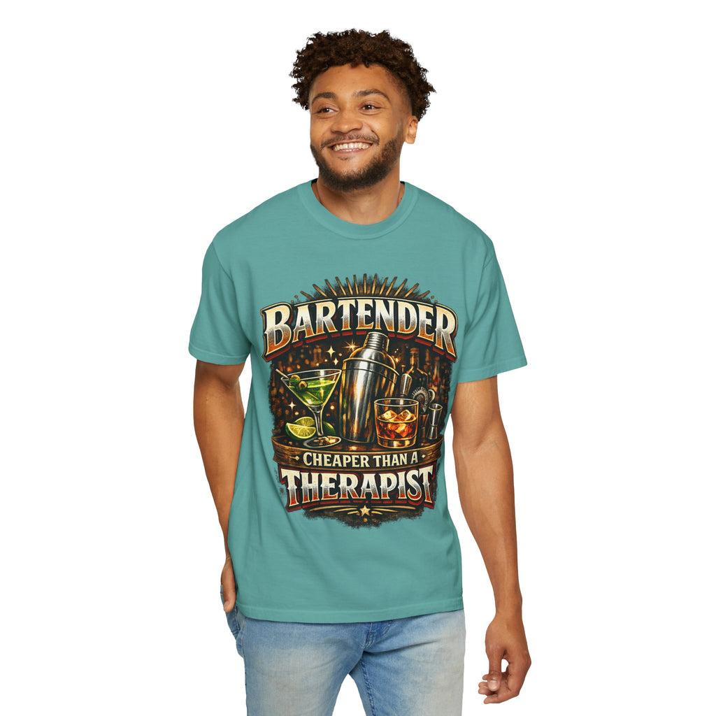 Bartender T-Shirt — "Bartender: Cheaper Than a Therapist" Vintage Bar Graphic Tee