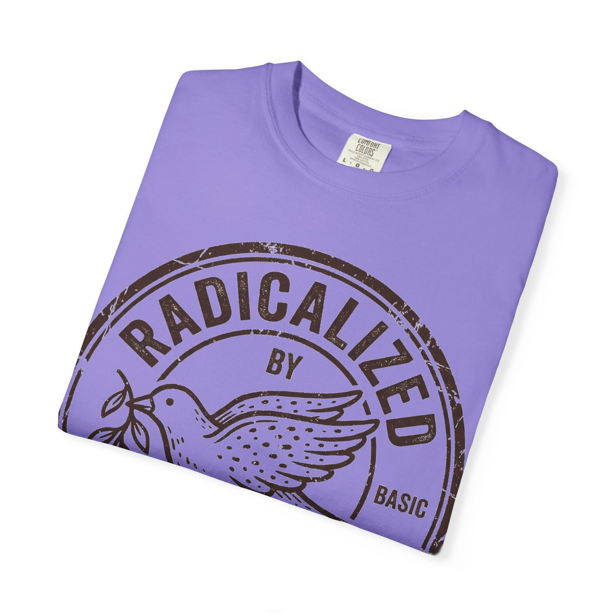 Radicalized By Basic Decency Brown Stamp Shirt, Flying Dove Badge Tee, Kindness Activist Shirt, Ally Gift
